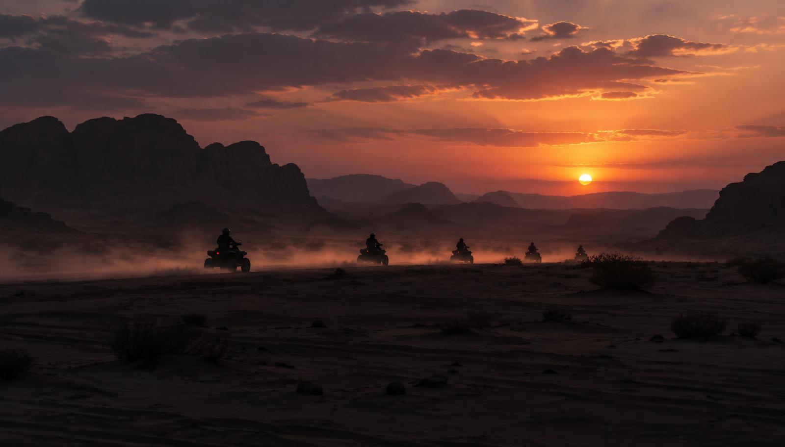 Quad bikes crossing a desert at dusk with pink and yellow light